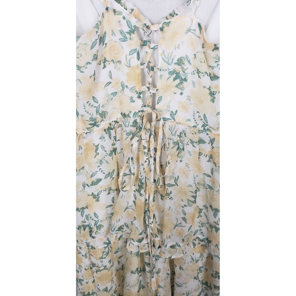 Crystal Doll Yellow Garden Floral Tiered Maxi Dress Lace Up Back Ruffle Trim M - Picture 12 of 12